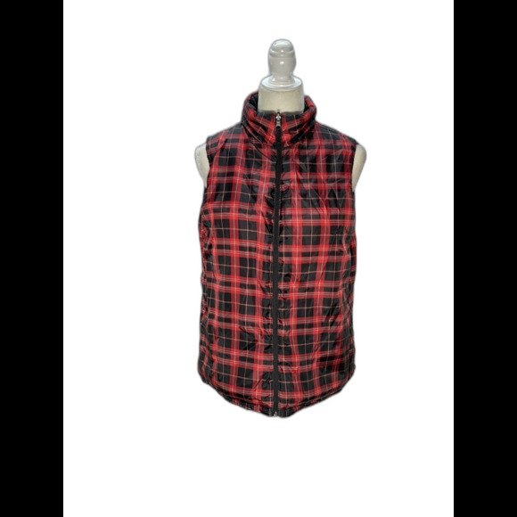 Merona Women's Reversible Vest Jacket Size L Coat Plaid Checks  Black Red Zip - Picture 13 of 15